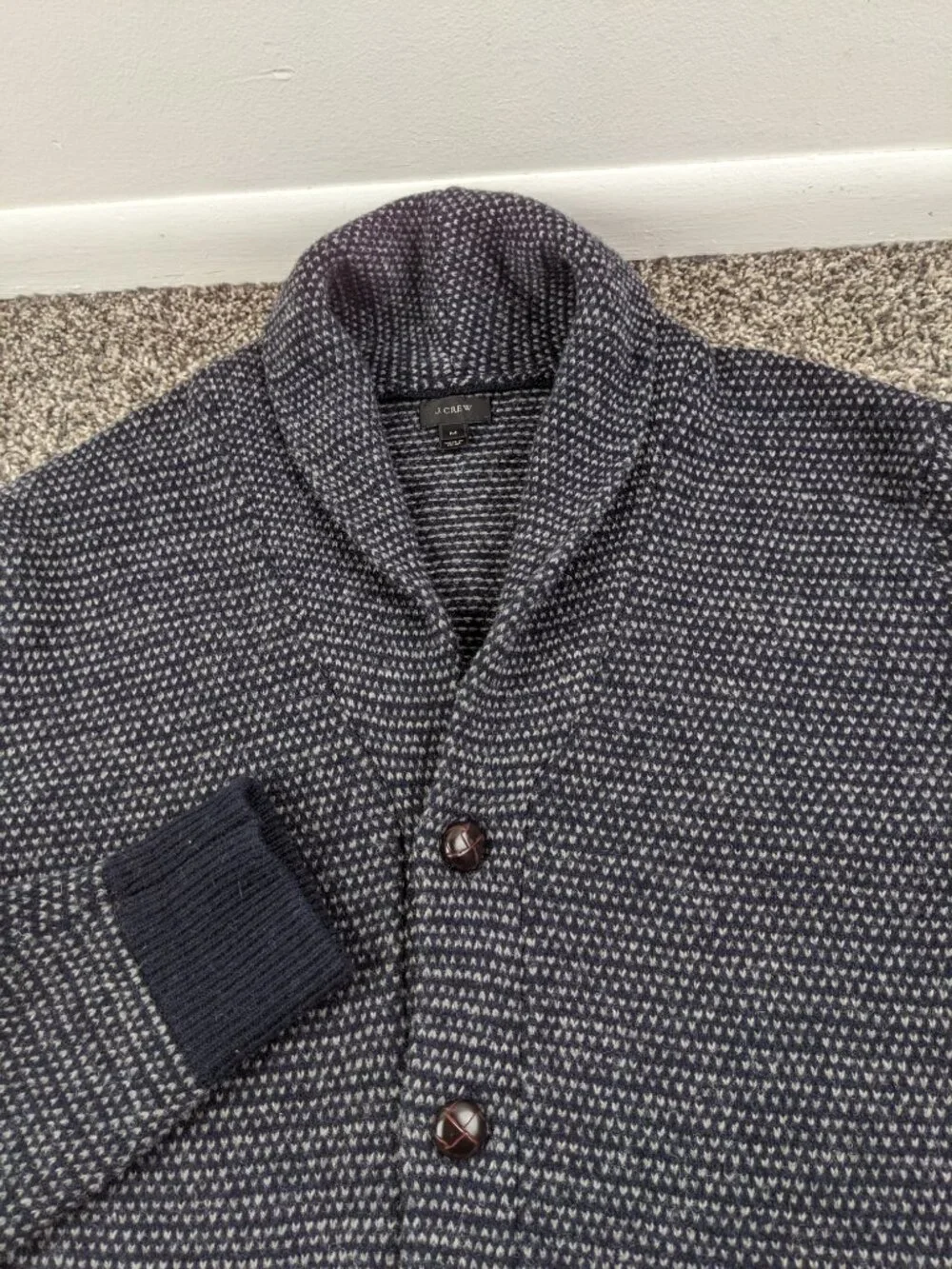 J Crew Sweater Lambswool Birdseye Shawl Cardigan Navy Blue Mens Medium